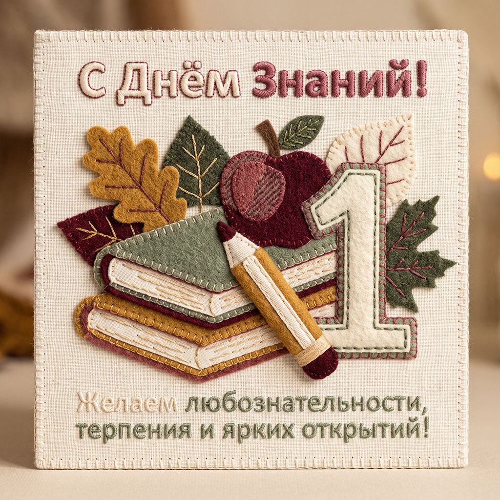 Вышитая открытка с яблоком, книгами и текстом: "С Днем знаний! Желаем любознательности, терпения и ярких открытий!"