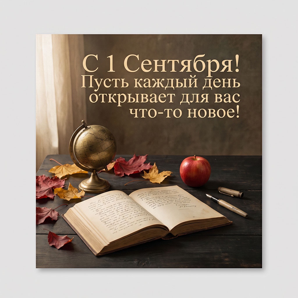 Открытка с медным глобусом, блокнотом, перьевой ручкой и текстом: "С 1 Сентября! Пусть каждый день открывает для вас что-то новое!"