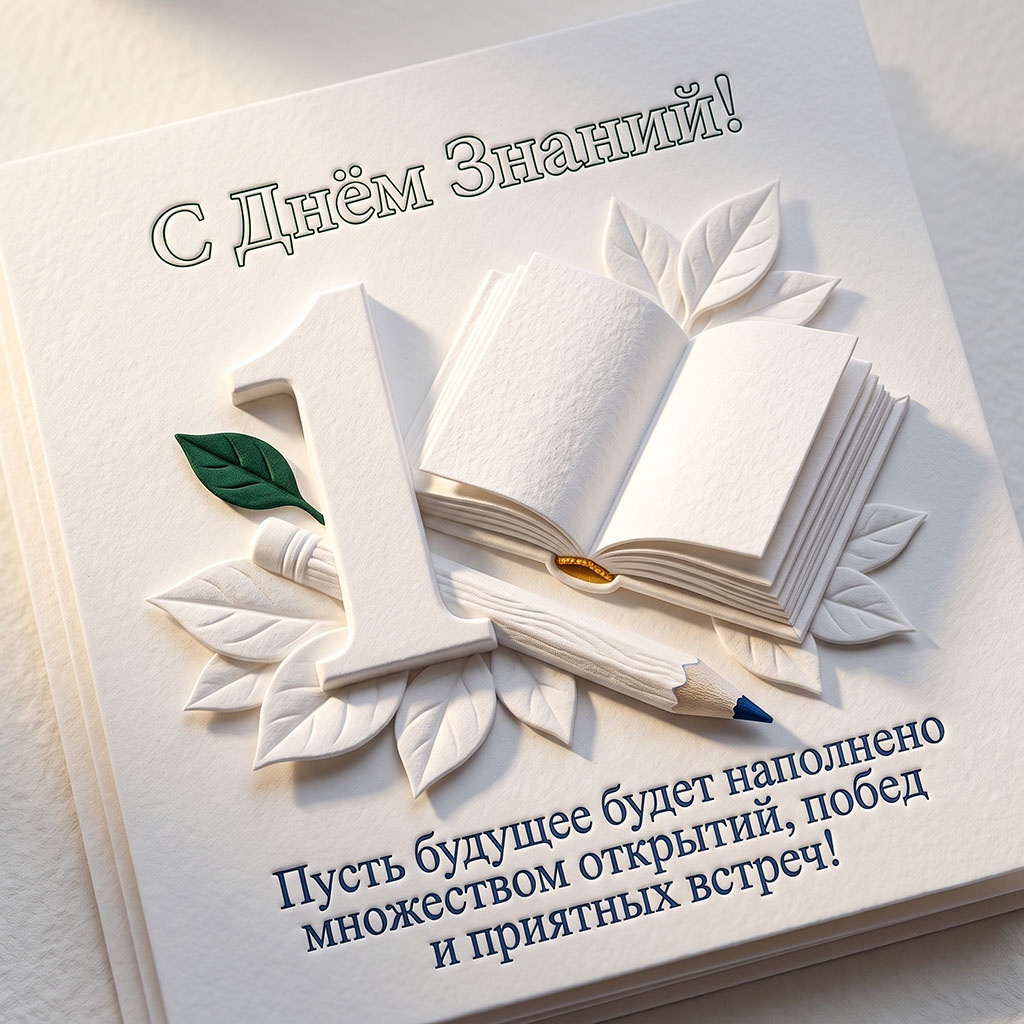 Открытка из белого картона с объемными фигурами книги и карандаша с текстом: "С Днем знаний! Пусть будущее будет наполнено множеством открытий, побед и приятных встреч!"