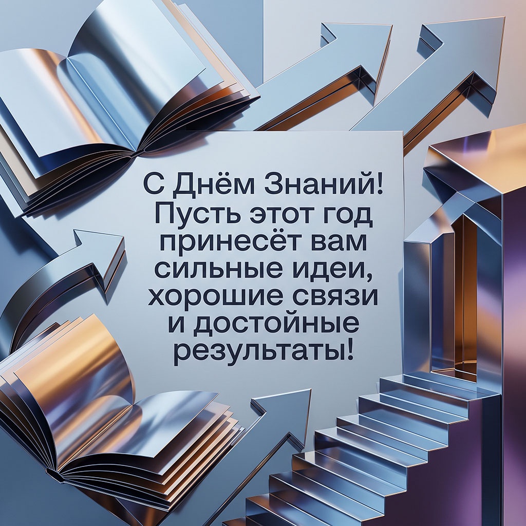 Открытка с книгами и стрелками из хромированного металла и текстом: "С Днем Знаний! Пусть этот год принесет вам сильные идеи, хорошие связи и достойные результаты!" для студента