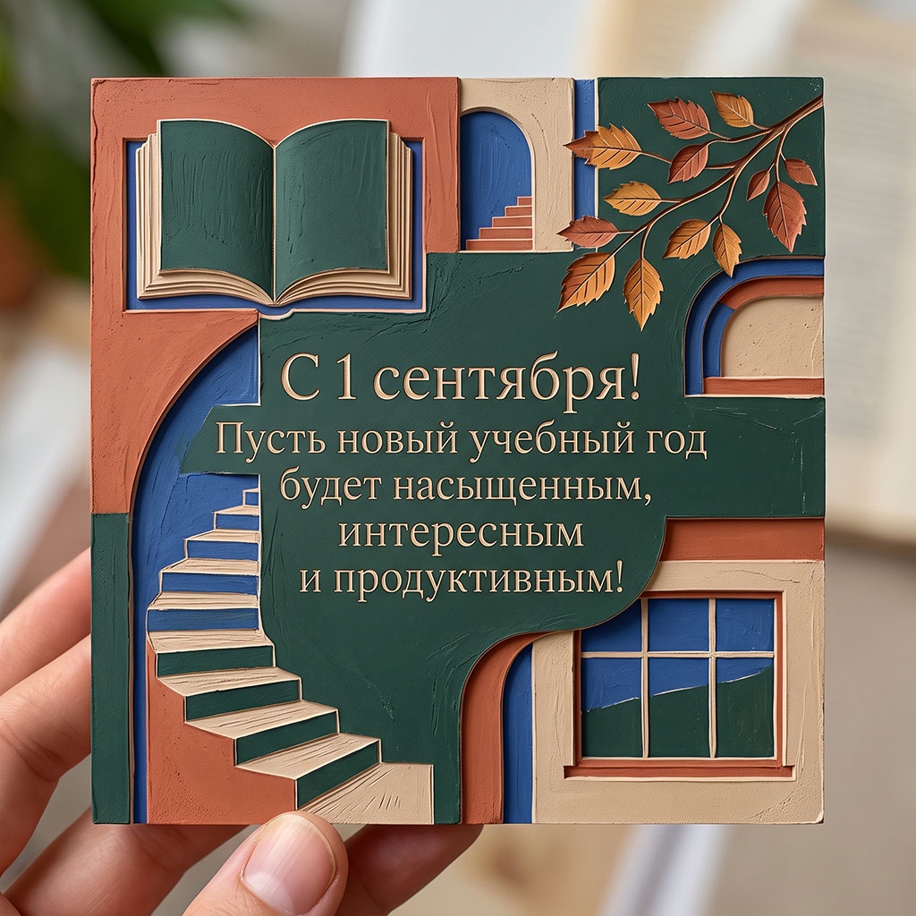 Глиняная открытка с лестницей, окном и текстом: "С 1 сентября! Пусть новый учебный год будет насыщенным, интересным и продуктивным!" для студента