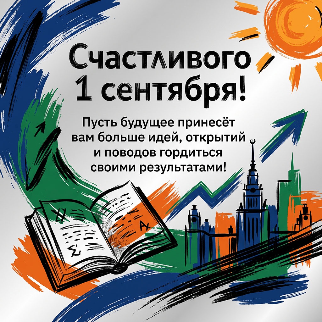 Открытка с учебником и текстом: "Счастливого 1 сентября! Пусть будущее принесет вам больше идей, открытий и поводов гордиться своими результатами!" для студента