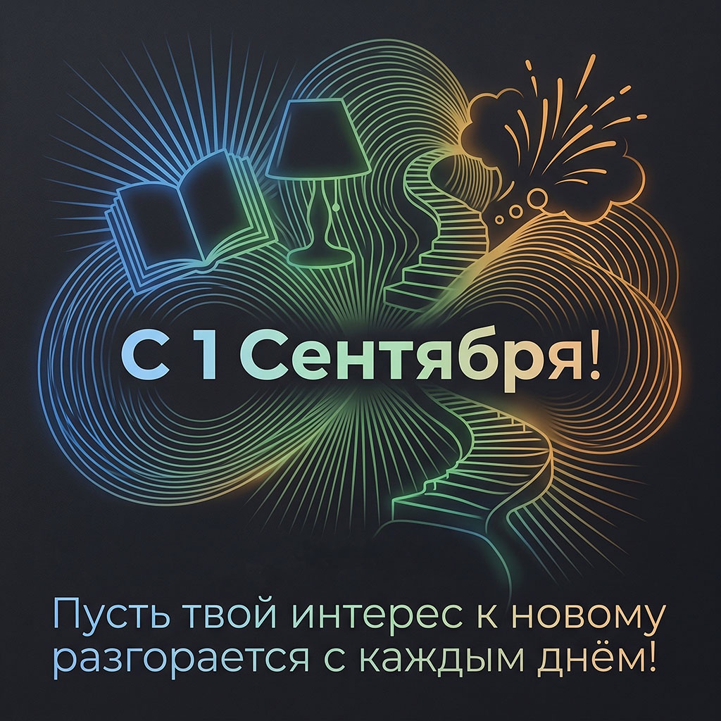 Неоновая открытка с настольной лампой, овальными узорами и текстом: "С 1 Сентября! Пусть твой интерес к новому разгорается с каждым днем!" для студента