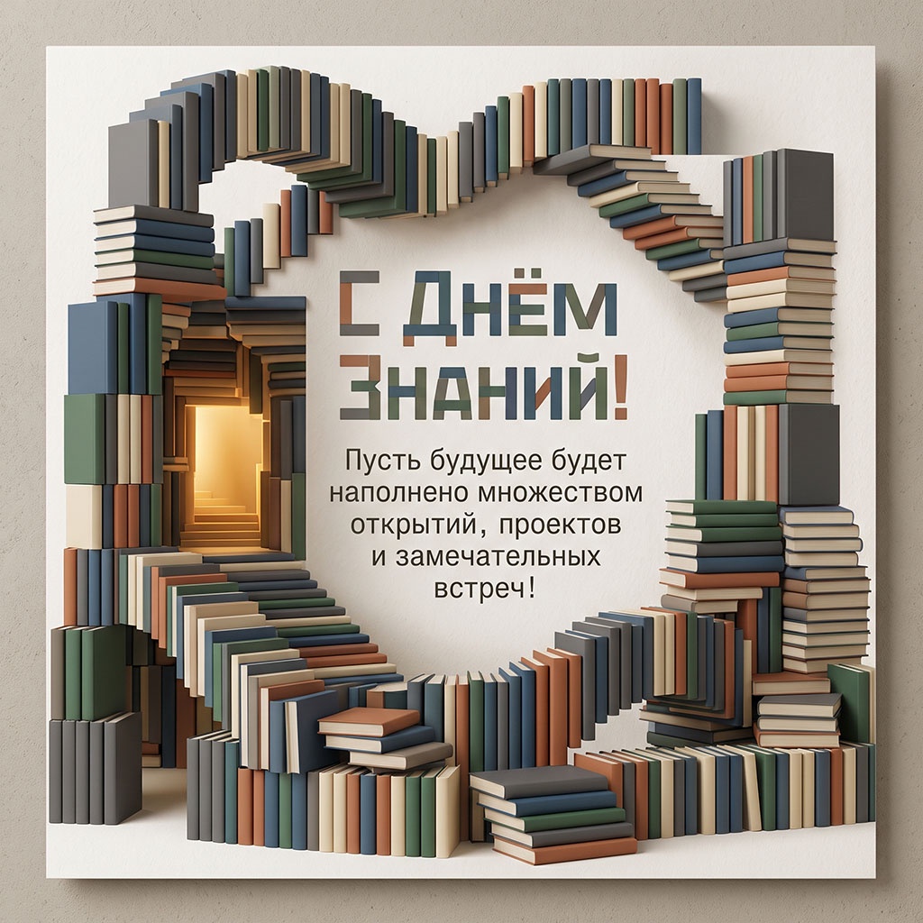 Открытка с футуристическим лабиринтом из книг и текстом: "С Днем знаний! Пусть будущее будет наполнено множеством открытий, проектов и замечательных встреч!" для студента