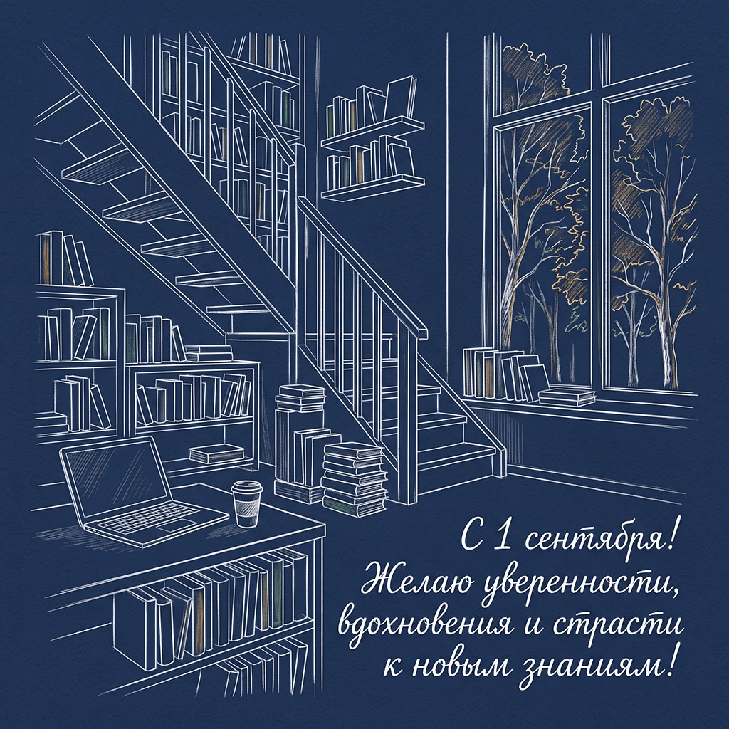 Открытка с библиотекой, окном и текстом: "С 1 сентября! Желаю уверенности, вдохновения и страсти к новым знаниям!" для студента