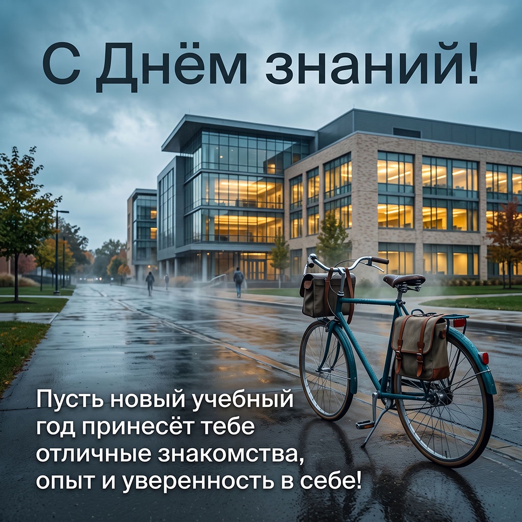 Открытка с велосипедом около здания института и текстом: "С Днем знаний! Пусть новый учебный год принесет тебе отличные знакомства, опыт и уверенность в себе!" для студента