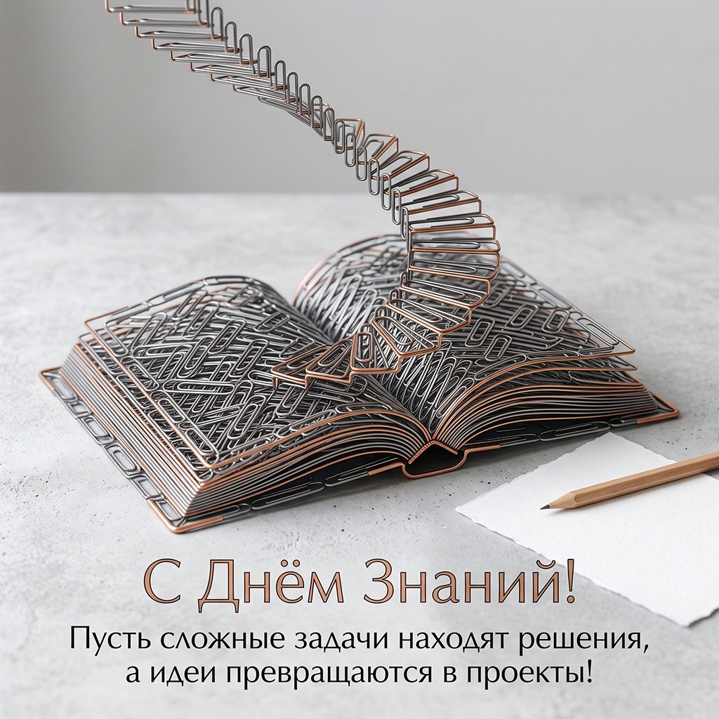 Открытка с книгой и лестницей из железных скрепок и текстом: "С Днем Знаний! Пусть сложные задачи находят решения, а идеи превращаются в проекты!" для студента