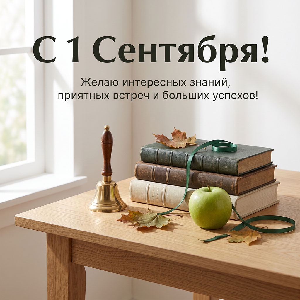 Открытка с книгами на столе и текстом: "С 1 Сентября! Желаю интересных знаний, приятных встреч и больших успехов!" для студента