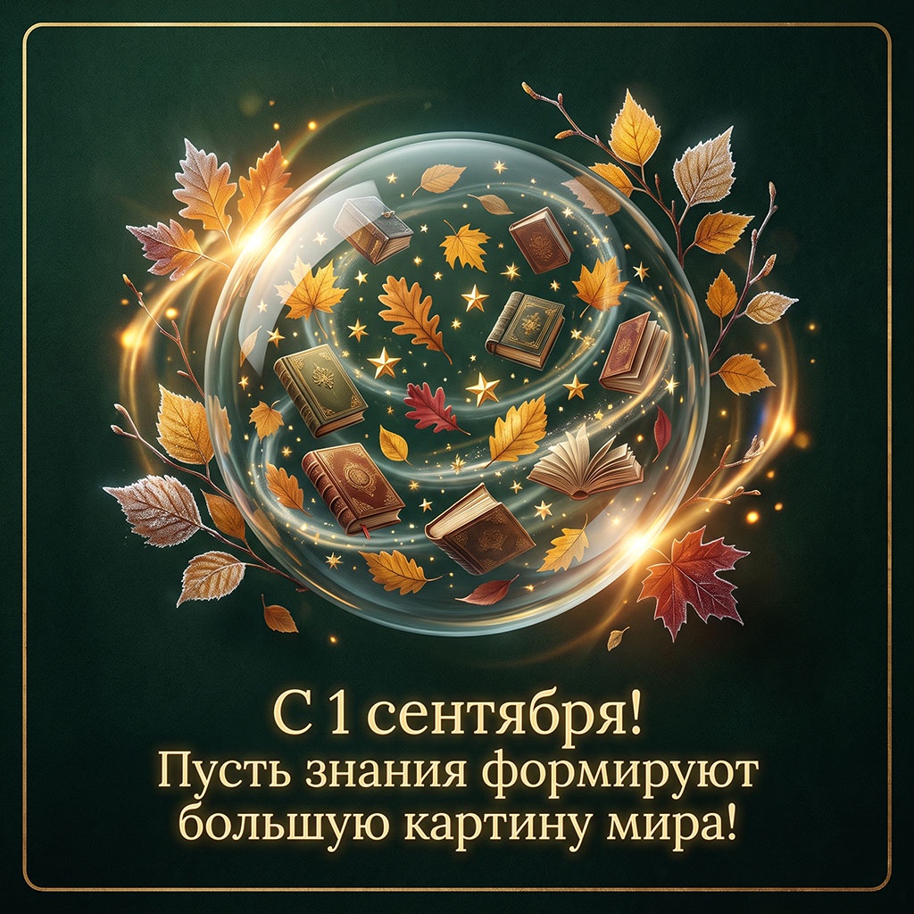 Открытка со стеклянным шаром и текстом: "С 1 сентября! Пусть знания формируют большую картину мира!" для студента