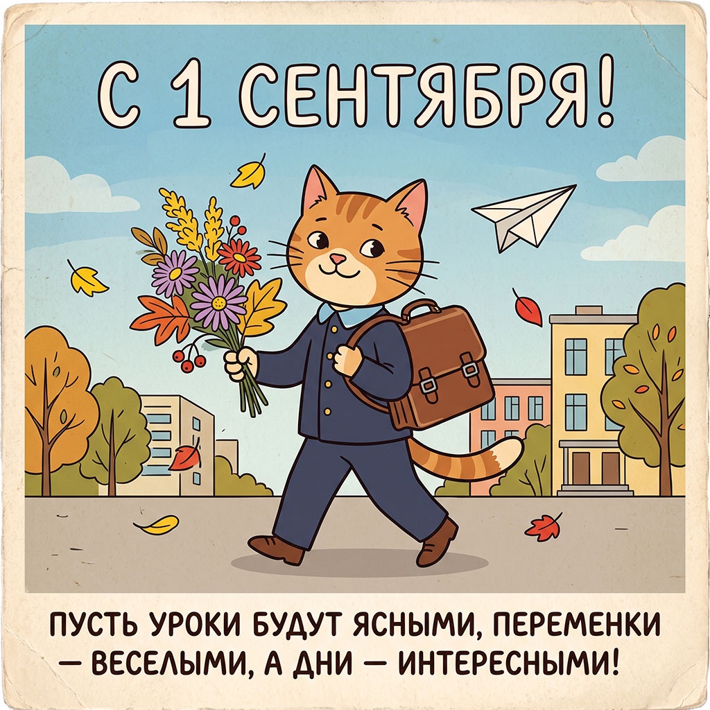 Открытка в советском стиле с котом-школьником и текстом: "С 1 сентября! Пусть уроки будут ясными, переменки - веселыми, а дни - интересными!"