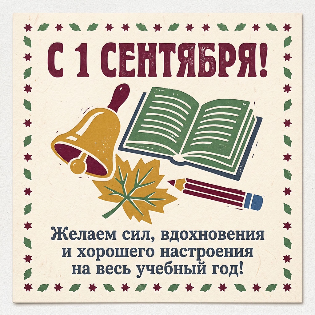 Открытка в советском стиле с колокольчиком, учебником и текстом: "С 1 сентября! Желаем сил, вдохновения и хорошего настроения на весь учебный год!"