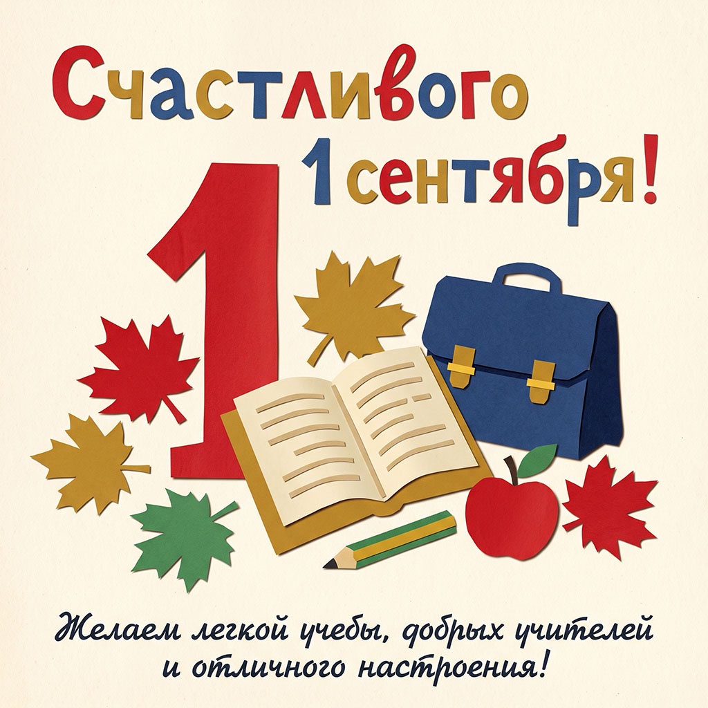 Советская открытка с бумажными наклейками в форме книги, портфеля и текстом: "Счастливого 1 сентября! Желаем легкой учебы, добрых учителей и отличного настроения!"