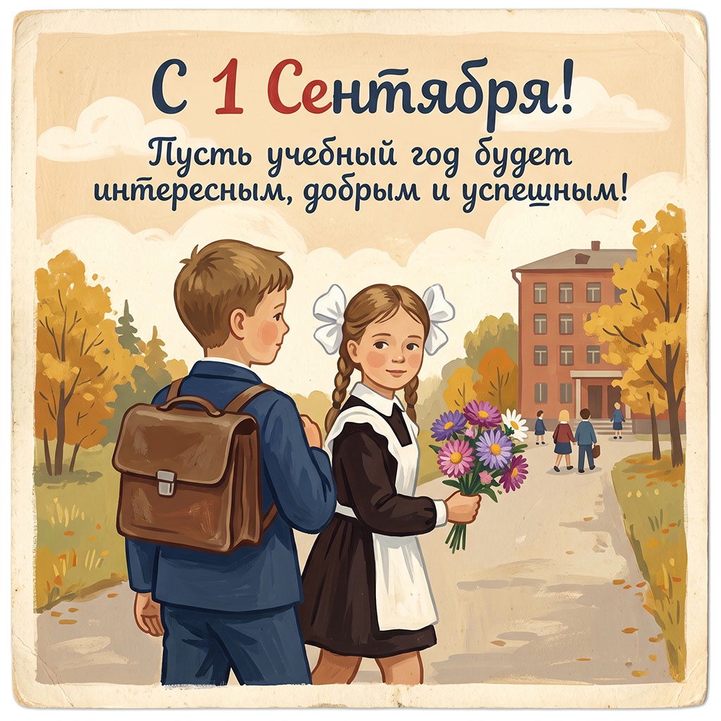 Советская открытка с учениками и текстом: "С 1 Сентября! Пусть учебный год будет интересным, добрым и успешным!"