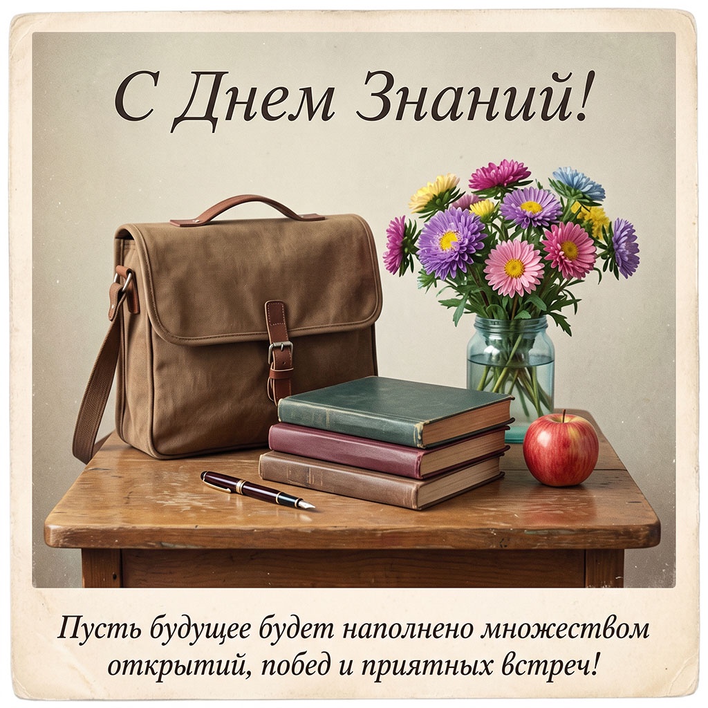 Советская открытка с портфелем, стопкой книг, букетом цветов и текстом: "С Днем Знаний! Пусть будущее будет наполнено множеством открытий, побед и приятных встреч!"