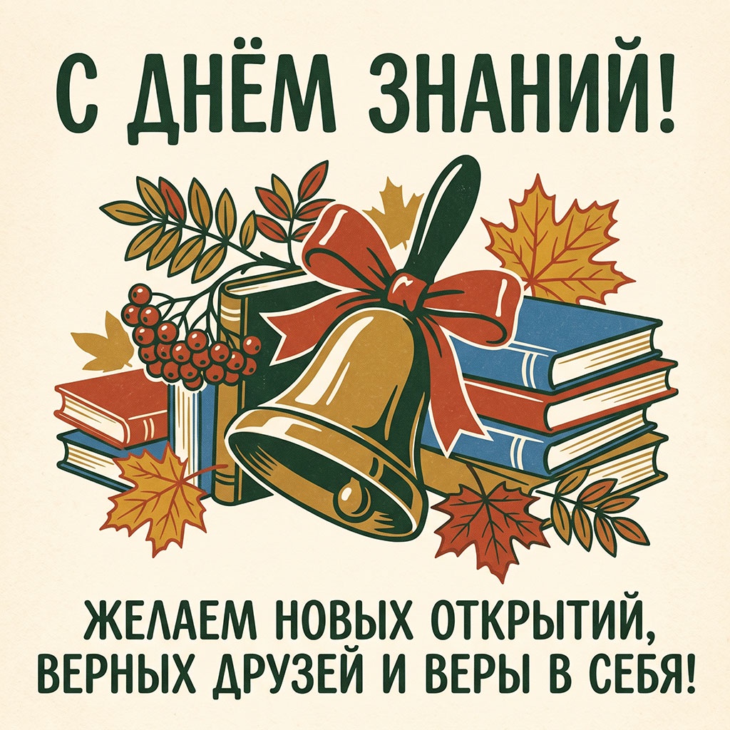 Открытка в советском стиле с колокольчиком, разноцветными книгами и текстом: "С Днем знаний! Желаем новых открытий, верных друзей и веры в себя!"