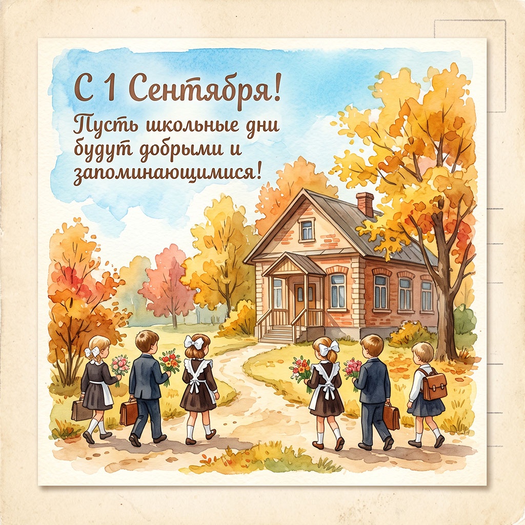Советская открытка с учениками у загородной школы и текстом: "С 1 Сентября! Пусть школьные дни будут добрыми и запоминающимися!"