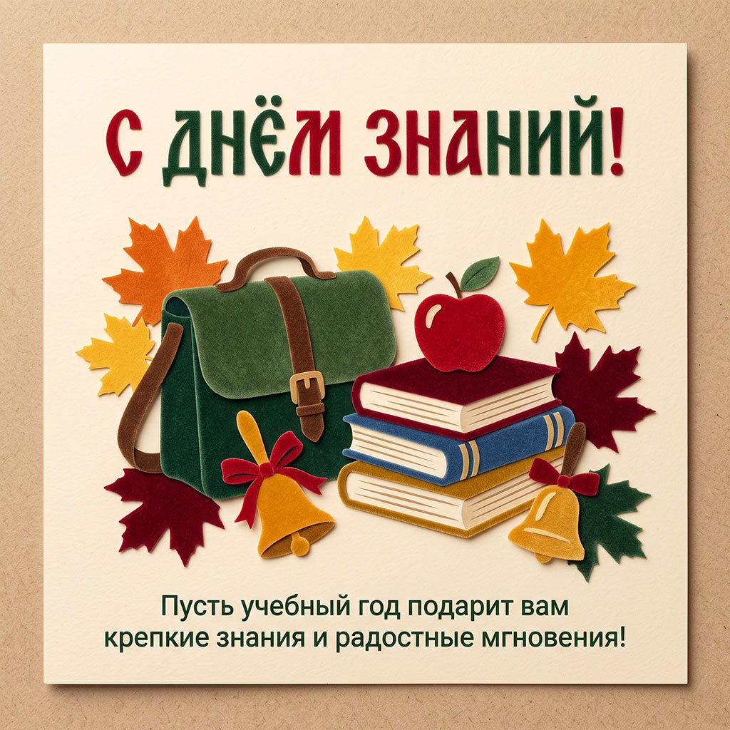 Советская открытка из бархатной бумаги с портфелем, книгами и текстом: "С Днем знаний! Пусть учебный год подарит вам крепкие знания и радостные мгновения!"