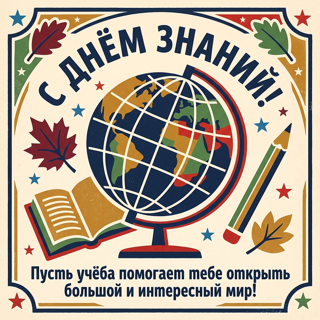 Открытка в советском стиле с глобусом и текстом: "С Днем знаний! Пусть учеба помогает тебе открыть большой и интересный мир!"