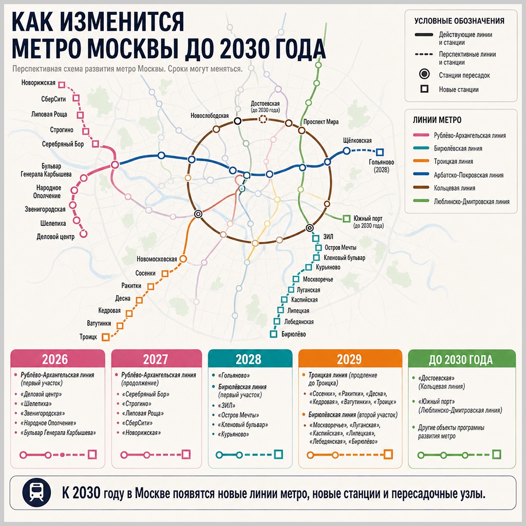 Инфографика о новых станциях метро Москвы по годам ввода до 2030 года.