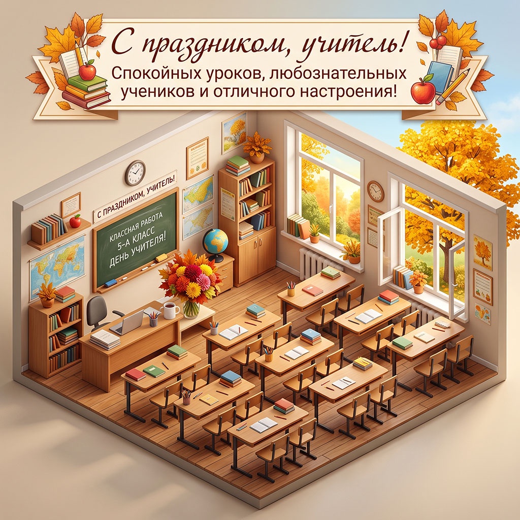 Красивая открытка-макет со школьным классом, глобусом и текстом: "С праздником, учитель! Спокойных уроков, любознательных учеников и отличного настроения!"