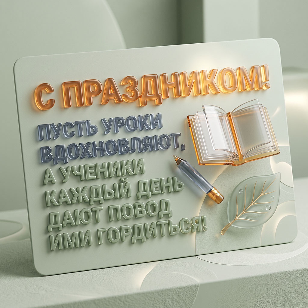 Открытка со стеклянной книгой, листом  с каплями и текстом: "С праздником! Пусть уроки вдохновляют, а ученики каждый день дают повод ими гордиться!".