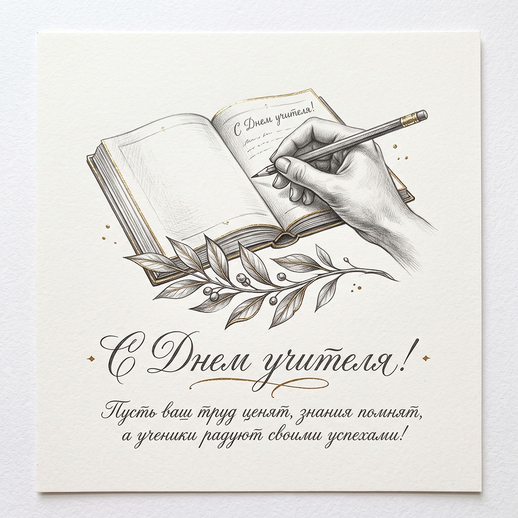 Красивая открытка с рукой, книгой, ветвью и текстом: "С Днем учителя! Пусть ваш труд ценят, знания помнят, а ученики радуют своими успехами!"