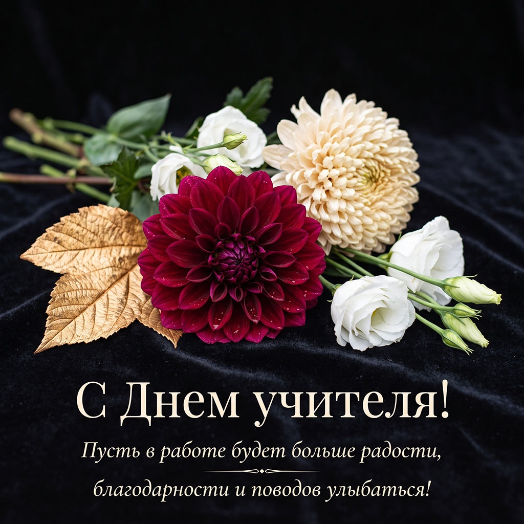 Красивая открытка с георгиной, белыми розами и текстом: "С Днем учителя! Пусть в работе будет больше радости, благодарности и поводов улыбаться!"