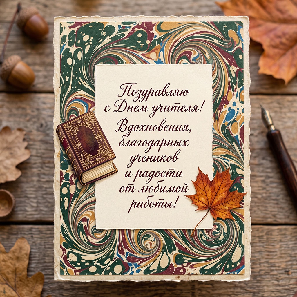 Красивая открытка с книгой и текстом: "Поздравляю с Днем учителя! Вдохновения, благодарных учеников и радости от любимой работы!"