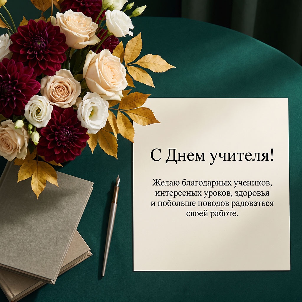 Красивая открытка в стиле минималистичного натюрморта с текстом: "С Днем учителя! Желаю благодарных учеников, интересных уроков, здоровья и побольше поводов радоваться своей работе!"