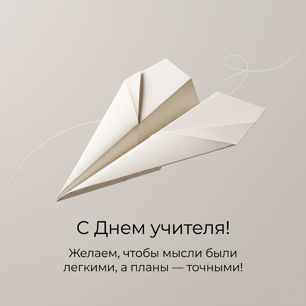 Красивая открытка с белым бумажным самолетиком, тонкой линией и текстом: "С Днем учителя! Желаем, чтобы мысли были легкими, а планы - точными!"