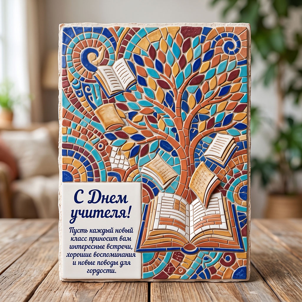 Открытка-мозаика с раскрытыми книгами, разноцветными узорами и текстом: "С Днем учителя! Пусть каждый новый класс приносит вам интересные встречи, хорошие воспоминания и новые поводы для гордости."
