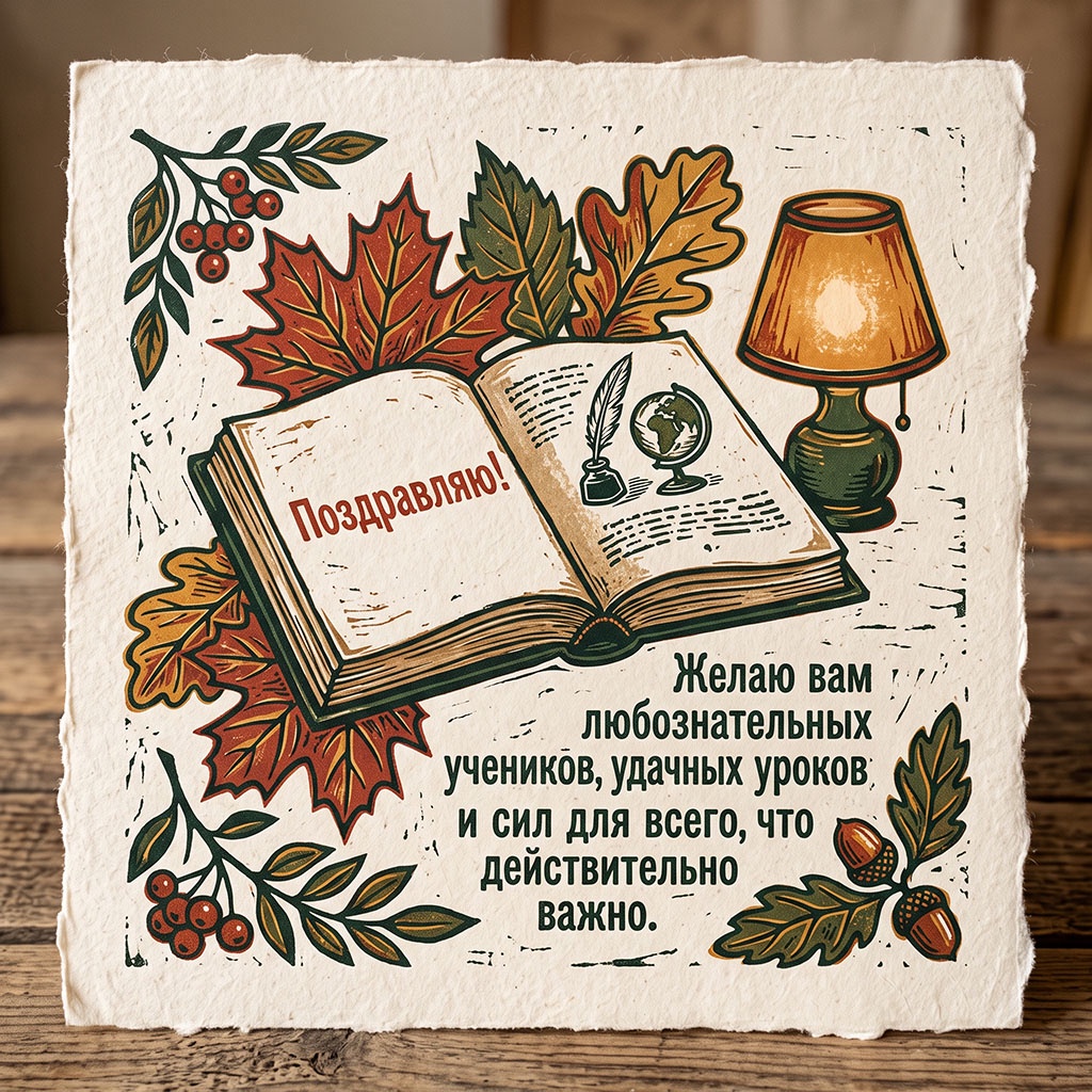 Винтажная открытка с книгой, настольной лампой и текстом: "Поздравляю! Желаю вам любознательных учеников, удачных уроков и сил для всего, что действительно важно."