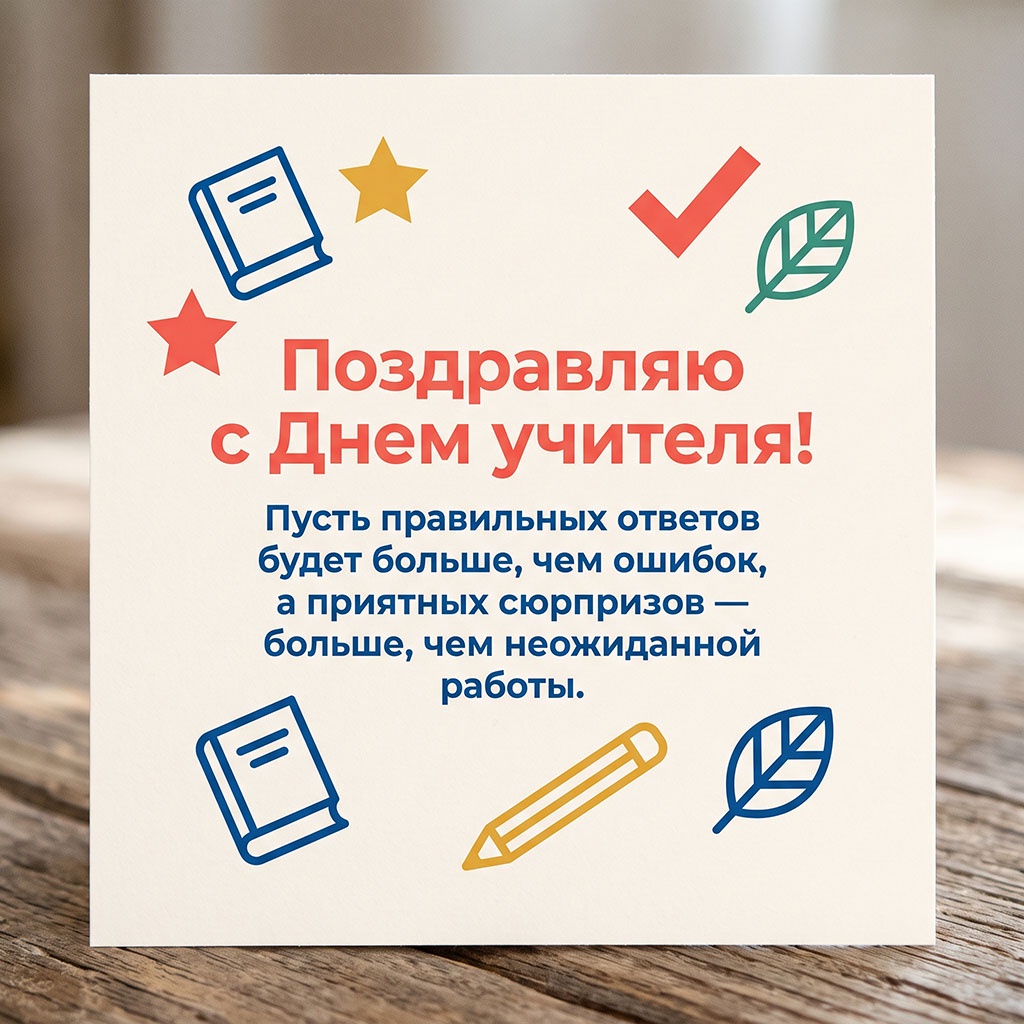 Красивая открытка с карандашом, звездами и текстом: "Поздравляю с Днем учителя! Пусть правильных ответов будет больше, чем ошибок, а приятных сюрпризов - больше, чем неожиданной работы."