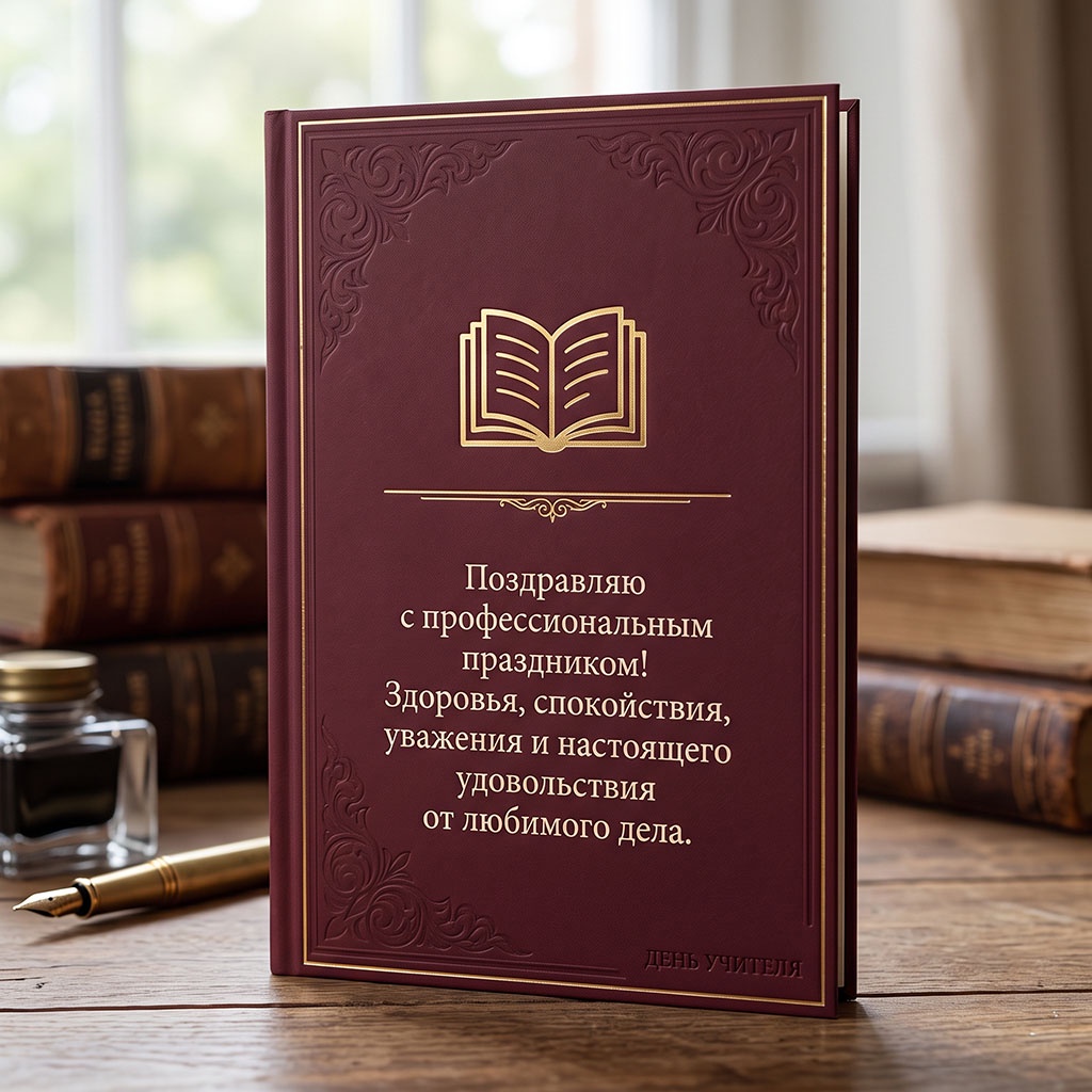 Красивая открытка с книгой, перьевой ручкой и текстом: "Поздравляю с профессиональным праздником! Здоровья, спокойствия, уважения и настоящего удовольствия от любимого дела."