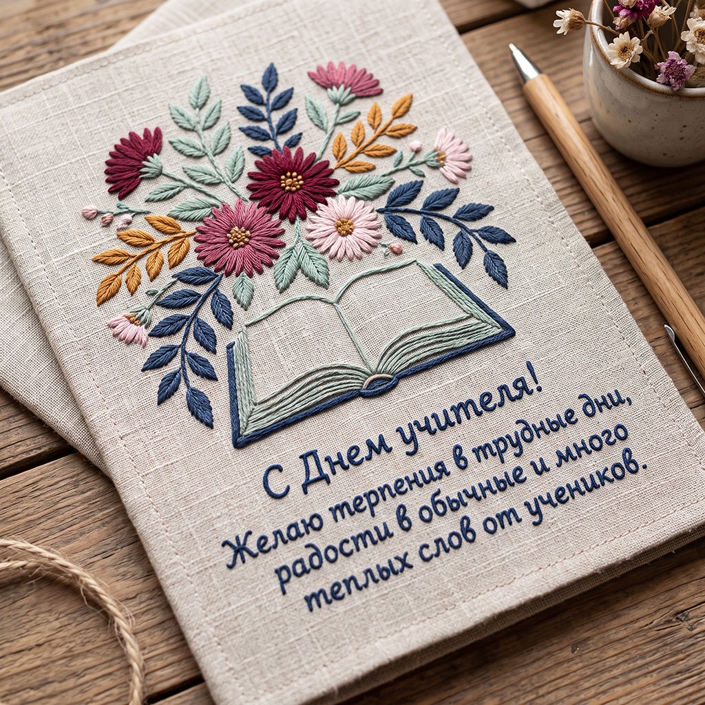 Красивая вышитая открытка с цветами, книгой и текстом: "С Днем учителя! Желаю терпения в трудные дни, радости в обычные и много теплых слов от учеников."