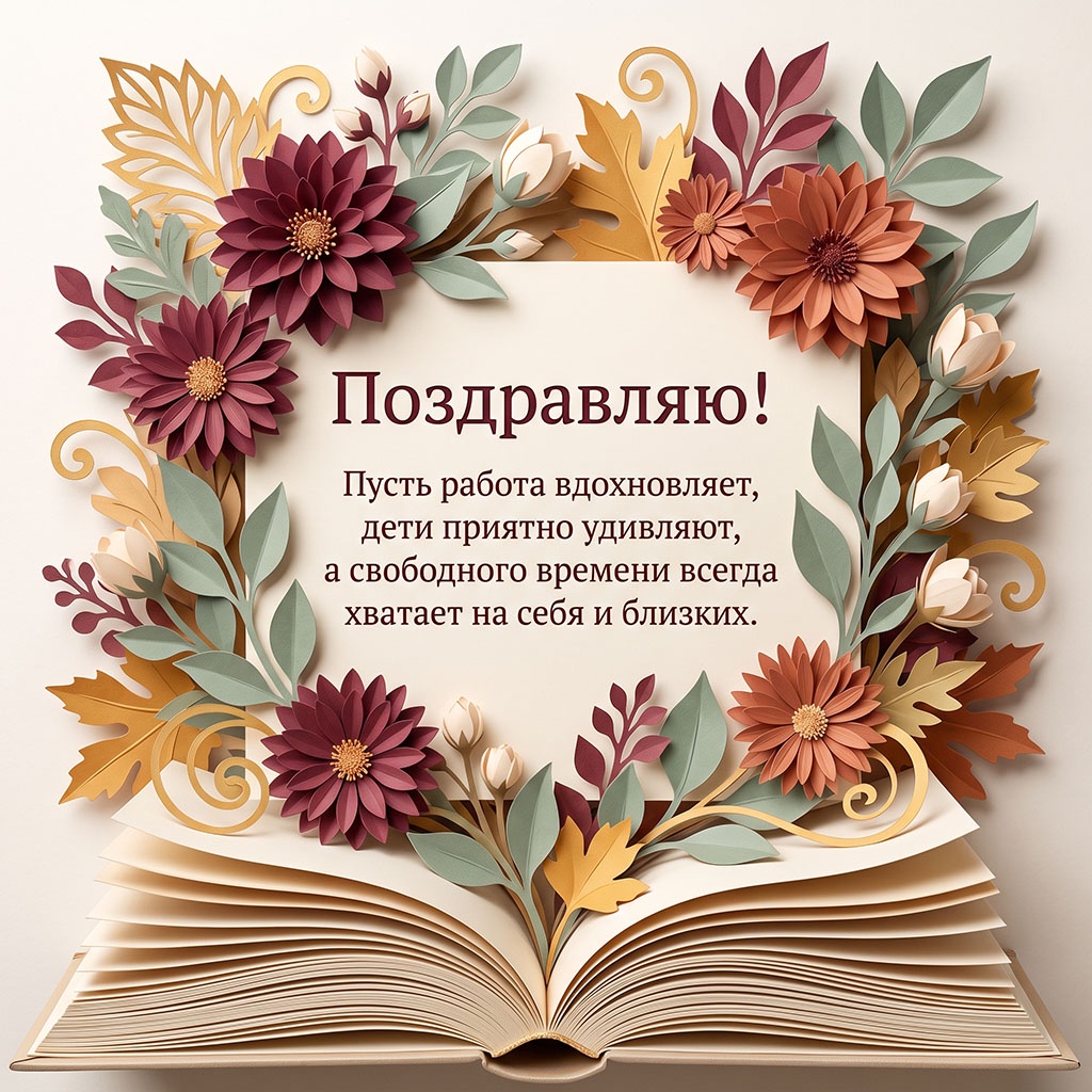 Красивая открытка-аппликация с венком из цветов и текстом: "Поздравляю! Пусть работа вдохновляет, дети приятно удивляют, а свободного времени всегда хватает на себя и близких."