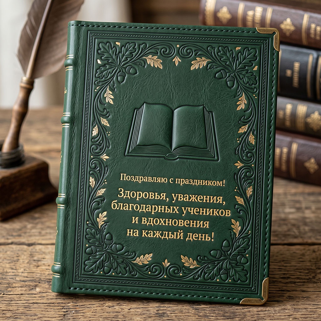 Красивая открытка  и текстом: "Поздравляю с праздником! Здоровья, уважения, благодарных учеников и вдохновения на каждый день!"