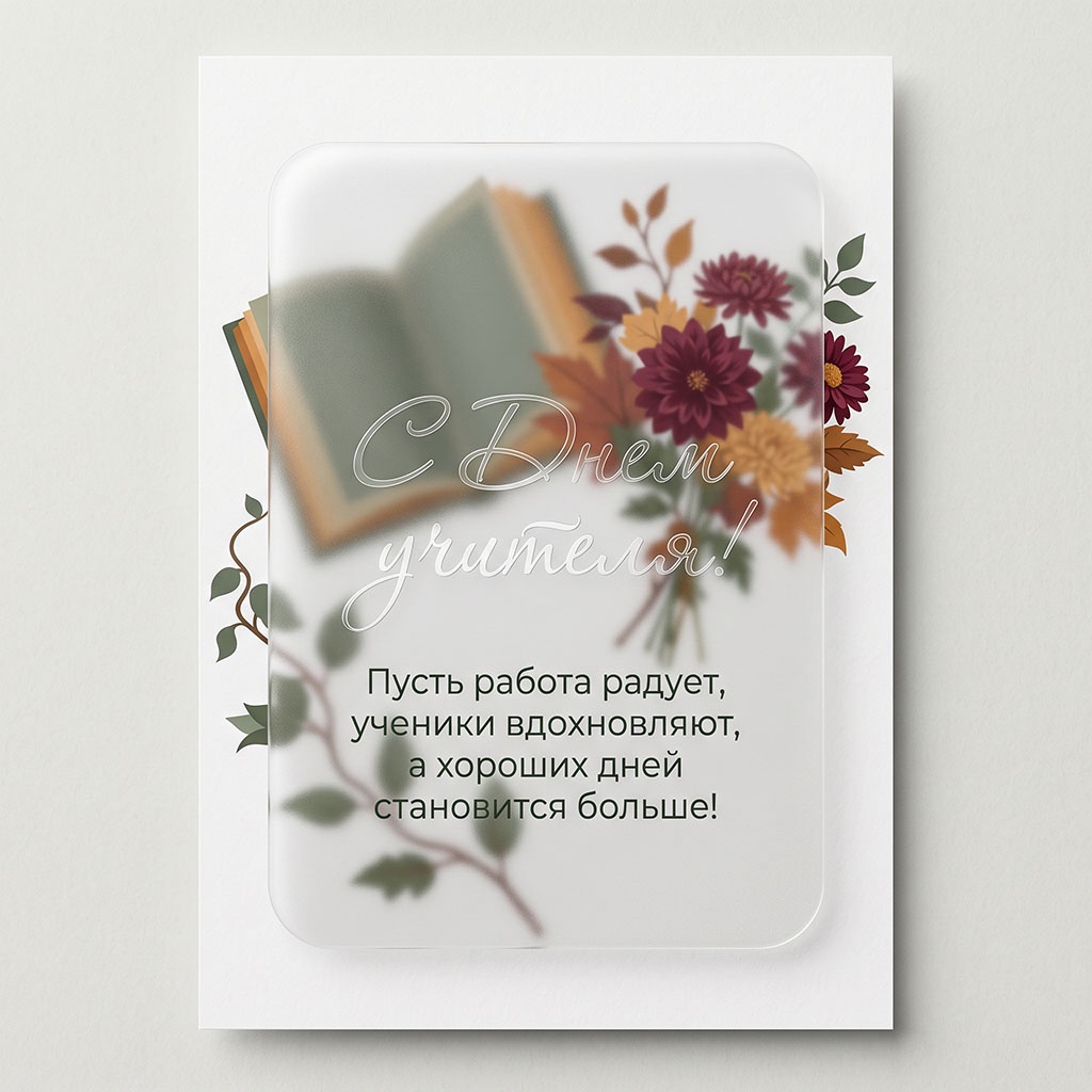 Красивая открытка с цветами и книгой под стеклом и текстом: "С Днем учителя!" Пусть работа радует, ученики вдохновляют, а хороших дней становится больше!"