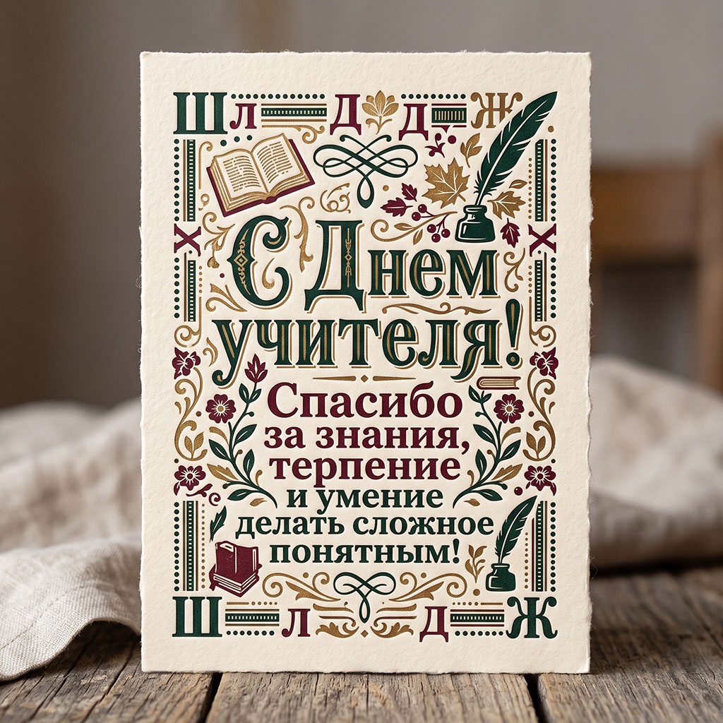 Красивая открытка с растительными узорами в осенней палитре и текстом: "С Днем учителя! Спасибо за знания, терпение и умение делать сложное понятным!"