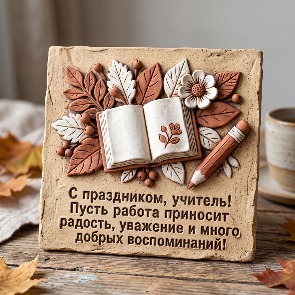 Красивая открытка из гончарной глины с текстом: "С праздником, учитель! Пусть работа приносит радость, уважение и много добрых воспоминаний!"