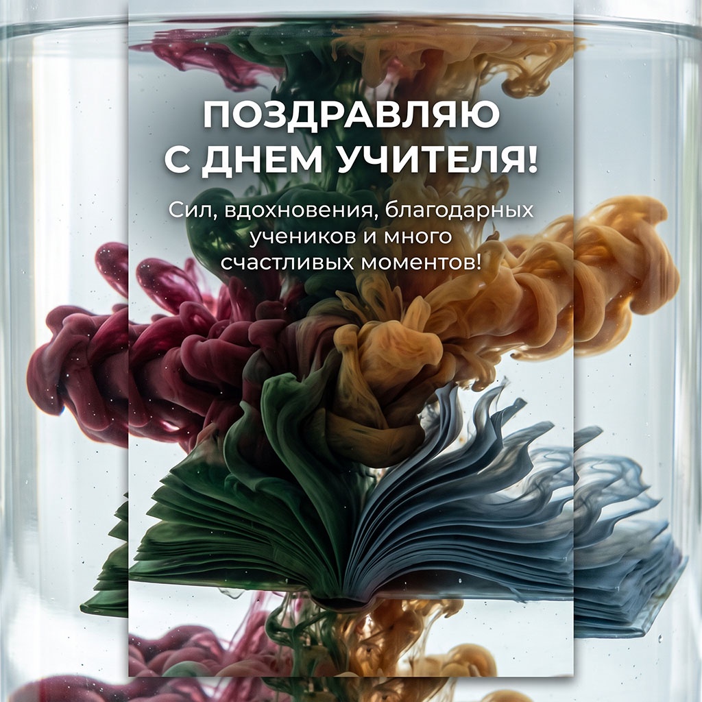 Красивая открытка с разноцветными чернилами в воде и текстом:  "Поздравляю с Днем учителя! Сил, вдохновения, благодарных учеников и много счастливых моментов!"