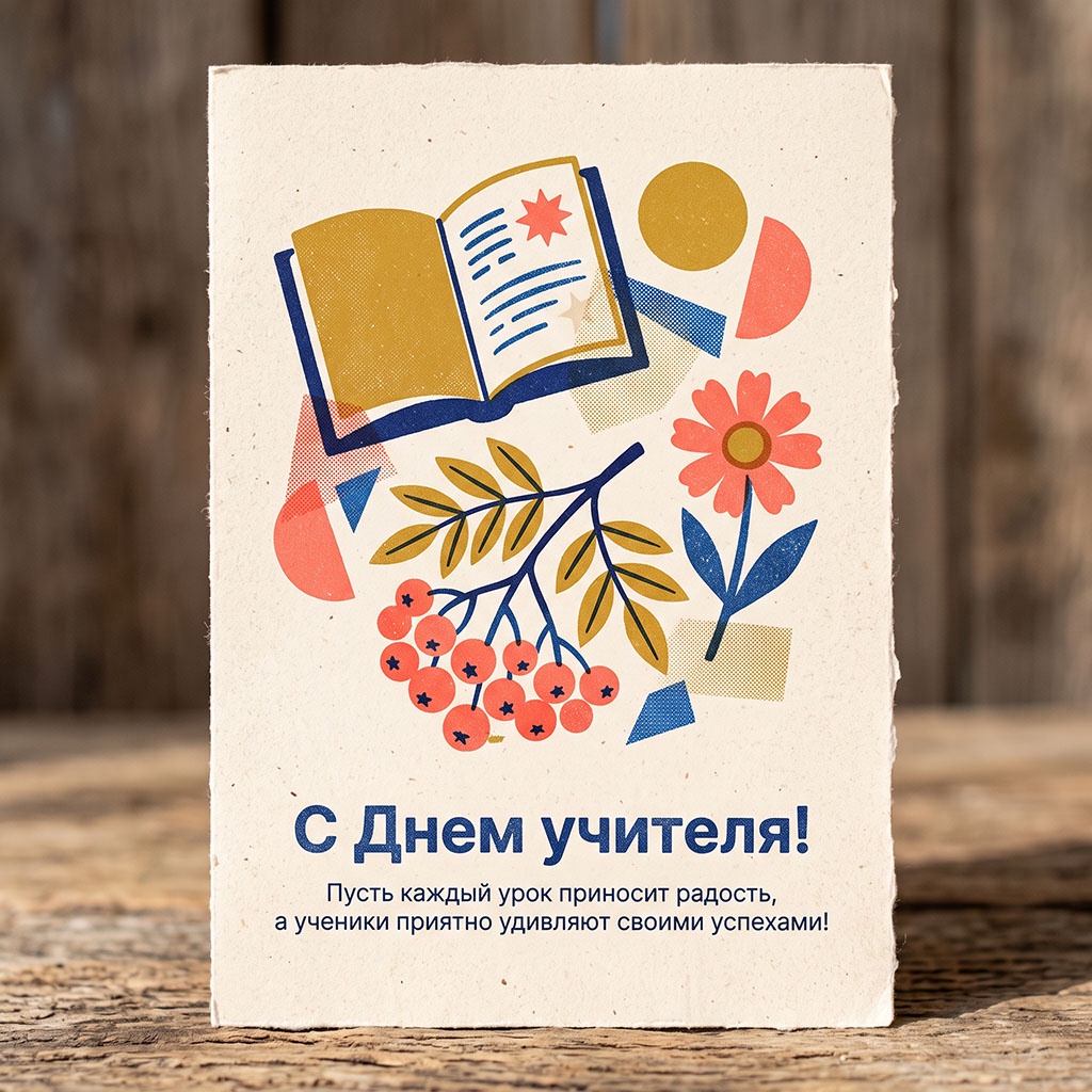 Красивая открытка с учебником и текстом: "С Днем учителя! Пусть каждый урок приносит радость, а ученики приятно удивляют своими успехами!"