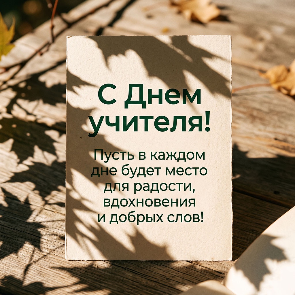Красивая открытка с тенями от кленовых листьев и текстом: "С Днем учителя! Пусть в каждом дне будет место для радости, вдохновения и добрых слов!"