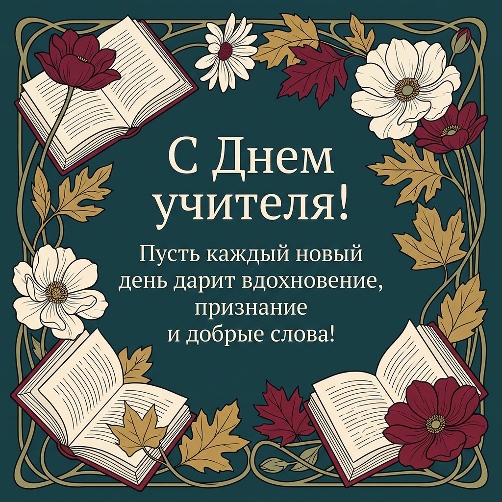 Открытка с вьющимся цветочным орнаментом и текстом: "С Днем учителя! Пусть каждый новый день дарит вдохновение, признание и добрые слова!"