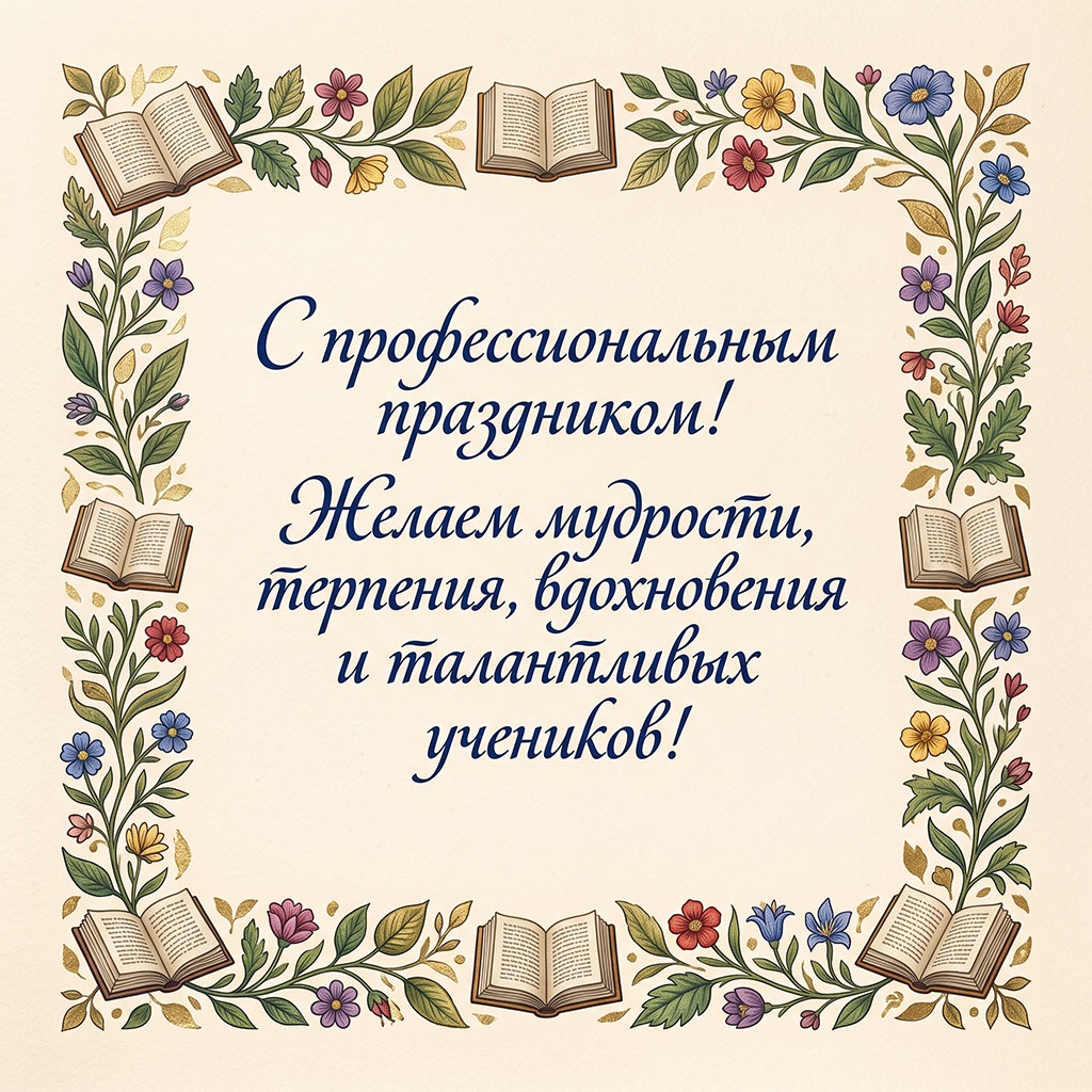 Открытка с рамкой из переплетающихся веток и текстом: "С профессиональным праздником! Желаем мудрости, терпения, вдохновения и талантливых учеников!"