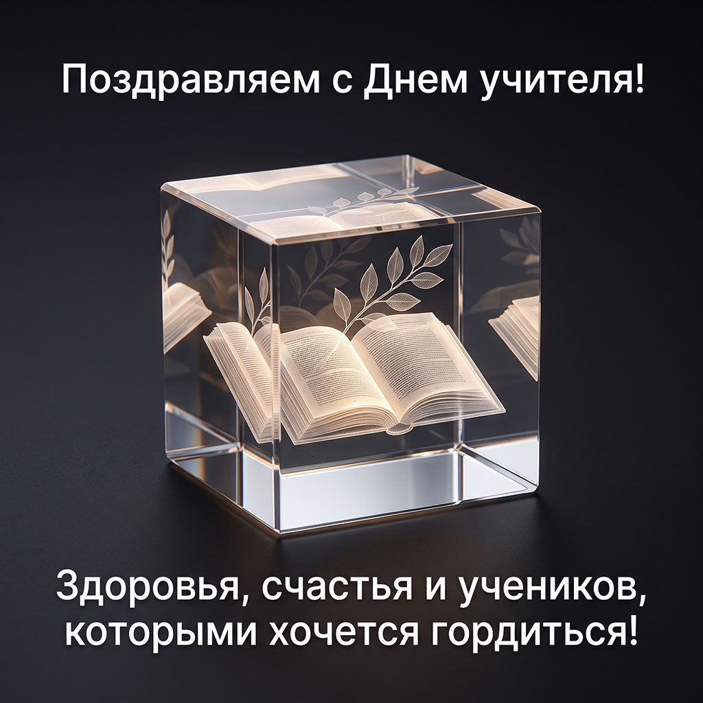 Открытка с парящей книгой в стеклянном кубе и текстом: "Поздравляем с Днем учителя! Здоровья, счастья и учеников, которыми хочется гордиться!"