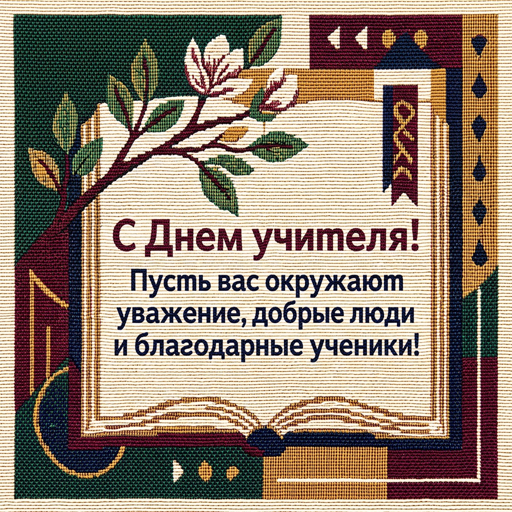 Открытка в стиле вышивки крестиком с веткой с белыми цветами и текстом: "С Днем учителя! Пусть вас окружают уважение, добрые люди и благодарные ученики!"
