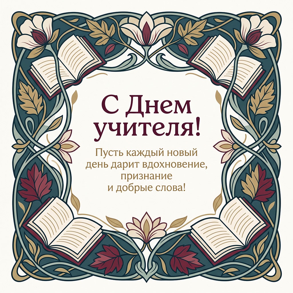 Открытка с орнаментом из цветов, листьев и текстом: "С Днем учителя! Пусть каждый новый день дарит вдохновение, признание и добрые слова!"