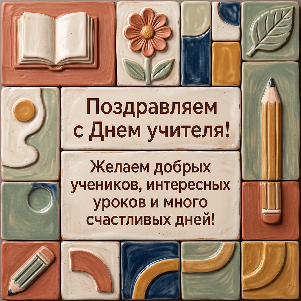 Открытка из керамических панелей с рельефными карандашами, книгой и текстом: "Поздравляем с Днем учителя! Желаем добрых учеников, интересных уроков и много счастливых дней!"