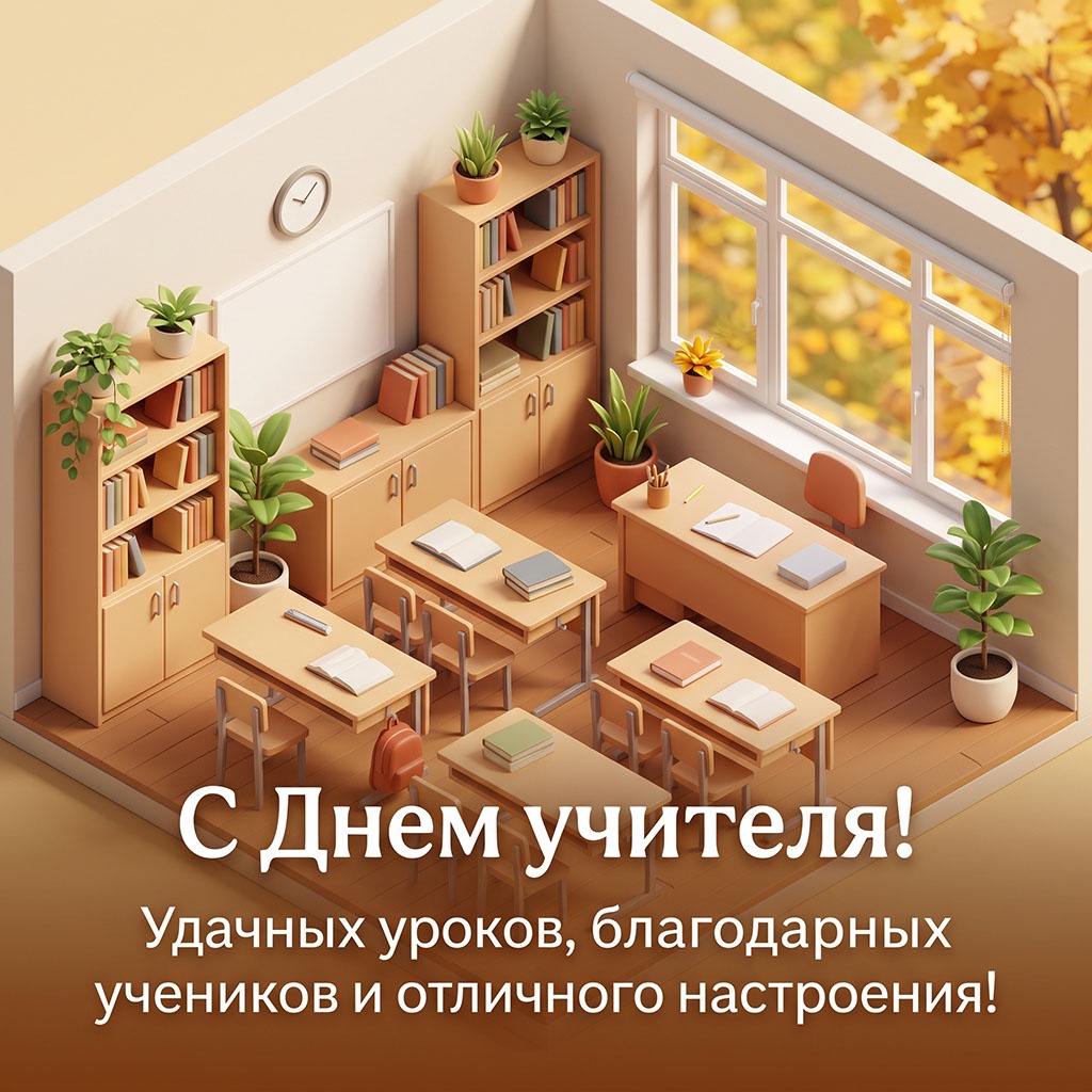 Открытка с макетом школьного кабинета и текстом: "С Днем учителя! Удачных уроков, благодарных учеников и отличного настроения!"
